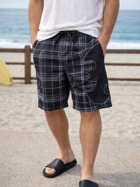 Batman DC Comics Swim Trunks Black Gray Plaid Logo Shorts Men’s L Large